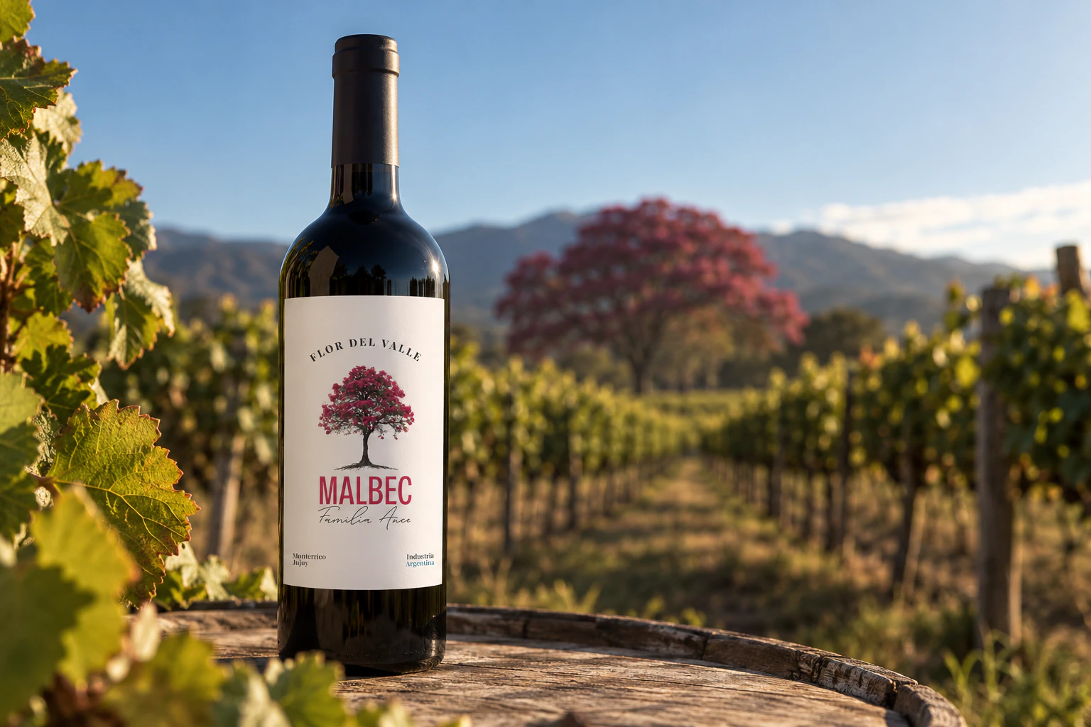 Botella de vino Flor del Valle Malbec sobre una barrica, con viñedo y montañas al fondo.